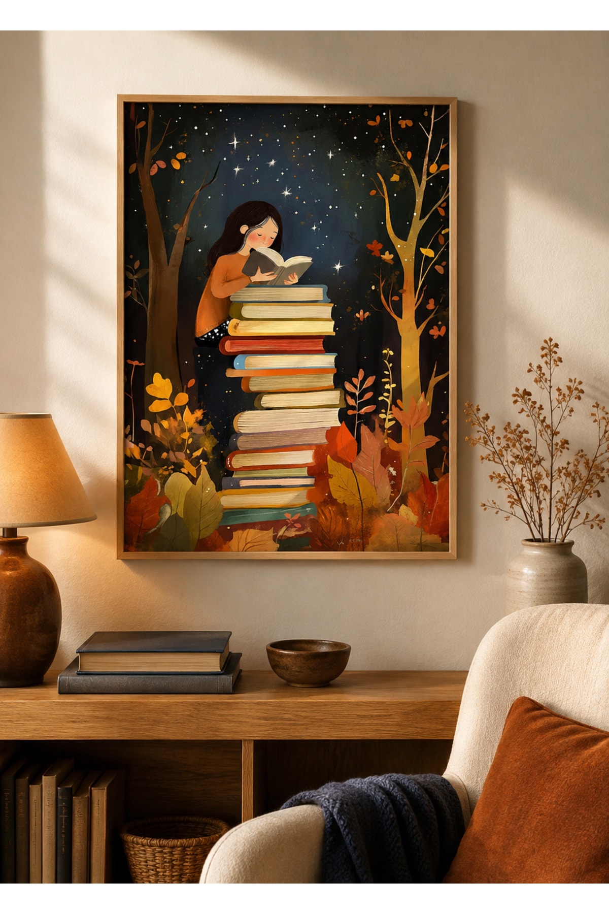 Ahşap Çerçeveli Kitap Okuyan Kız Sonbahar ve Yıldızlı Gece Temalı Dekoratif Duvar Tablosu - R0054