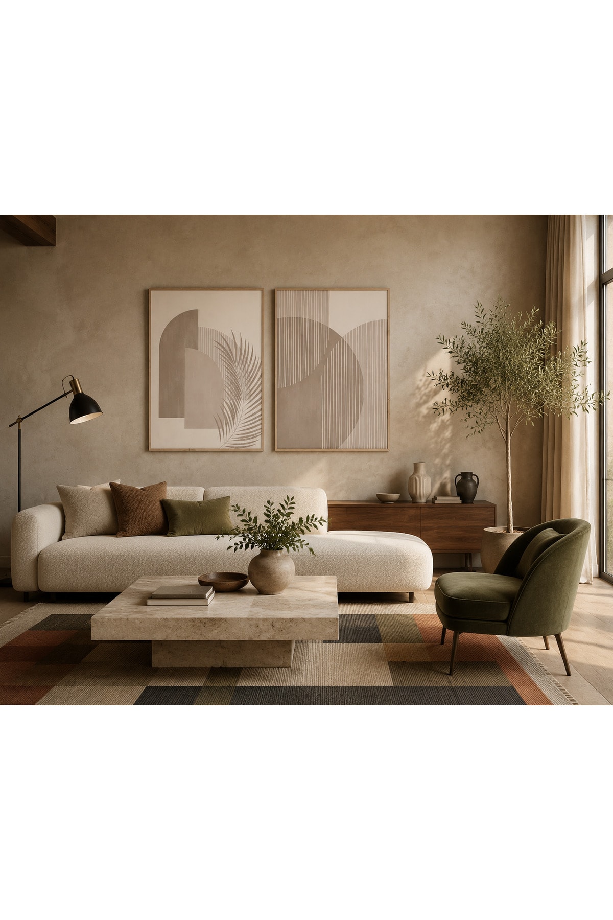 Minimal Geometrik Formlar ve Botanik Yaprak Temalı Modern 2’li Set Dekoratif Duvar Tablosu - R0103