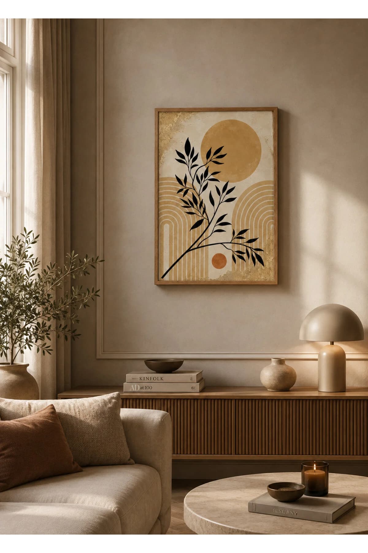 Ahşap Çerçeveli Modern Bohem Yaprak Duvar Tablosu - Bej Siyah Dekoratif Tablo R0001 — görsel 2