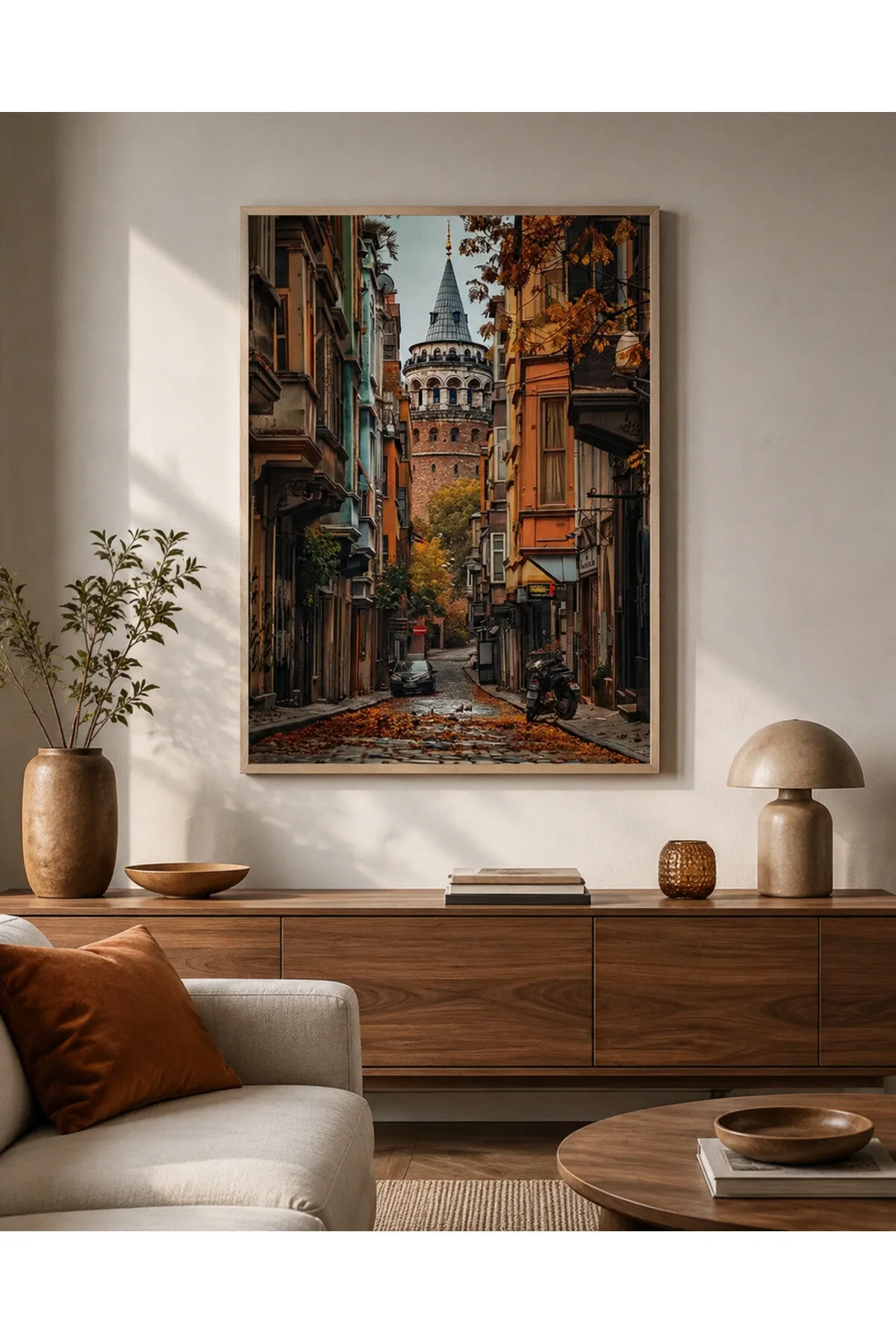 Ahşap Çerçeveli Galata Kulesi ve İstanbul Sokakları Temalı Dekoratif Duvar Tablosu - R0047
