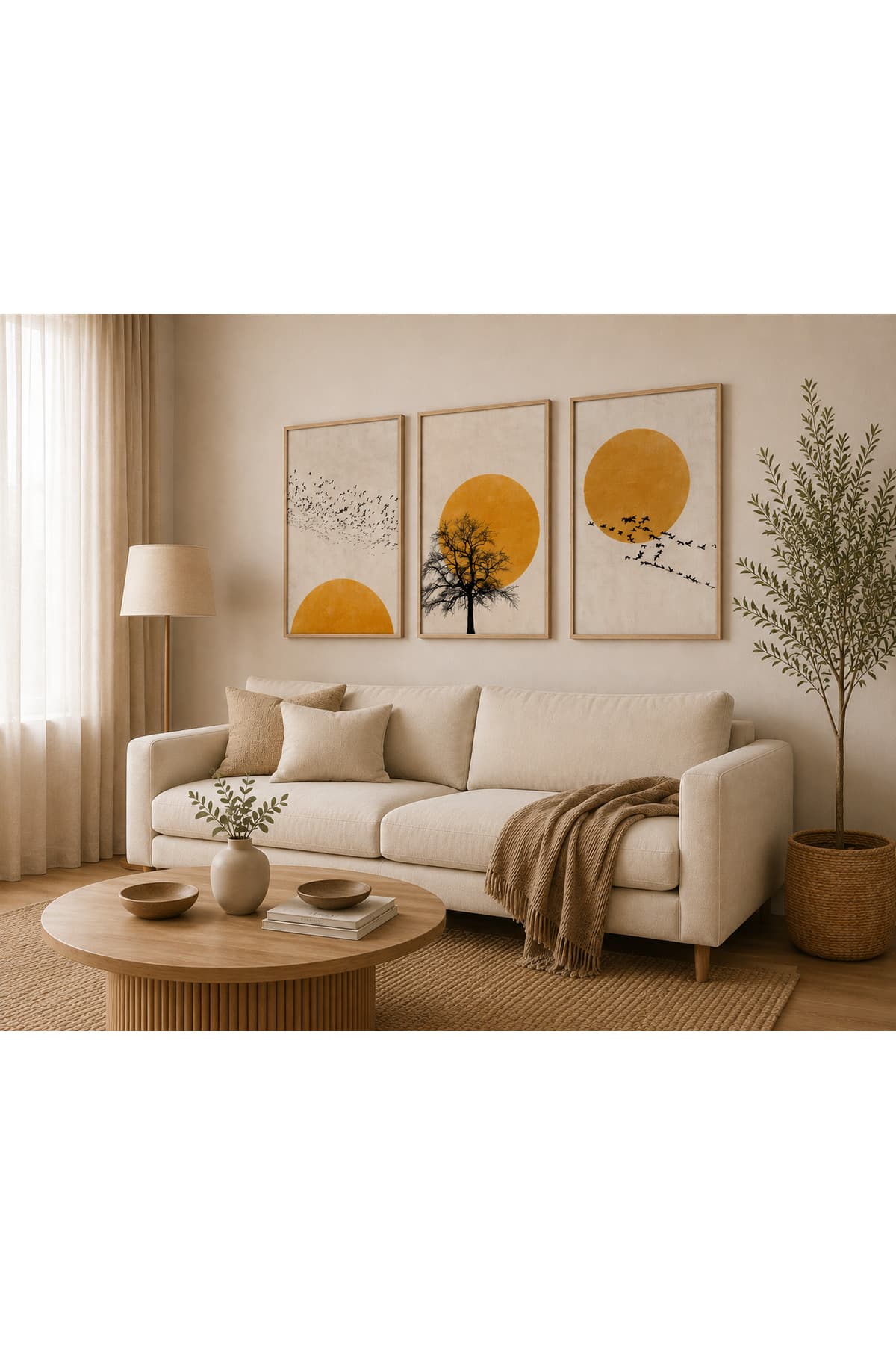 Gün Batımı – Hardal Sarısı Güneş, Ağaç ve Kuş Figürlü 3’lü Set Dekoratif Duvar Tablosu - R0084 — görsel 2