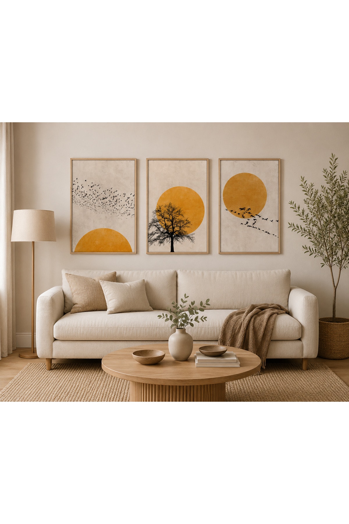 Gün Batımı – Hardal Sarısı Güneş, Ağaç ve Kuş Figürlü 3’lü Set Dekoratif Duvar Tablosu - R0084