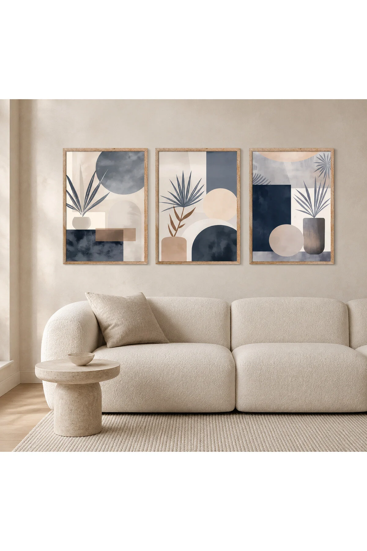 Ahşap Çerçeveli 3'lü Modern Geometrik Botanik Desenli Dekoratif Duvar Tablosu - R0033
