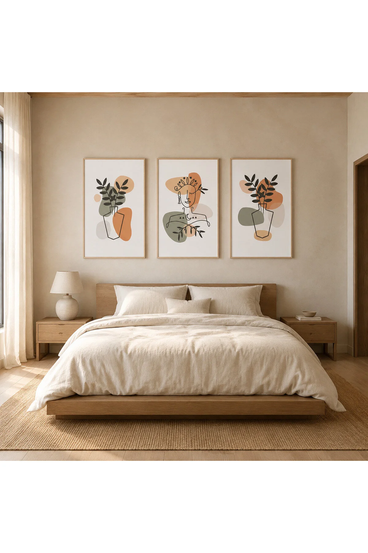 Minimalist Soyut Kadın ve Yaprak Temalı Modern 3'lü Set Dekoratif Duvar Tablosu - R0118