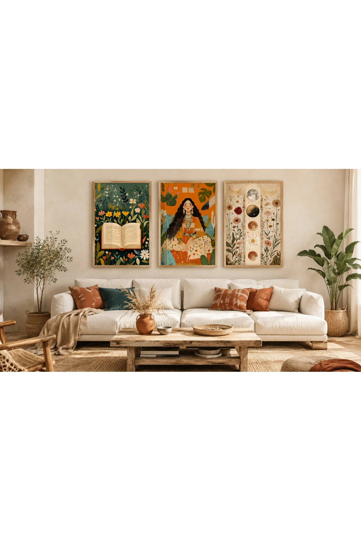 Bohem Kadın, Çiçekli Kitap ve Ay Evreleri Temalı Modern 3'lü Set Dekoratif Duvar Tablosu - R117
