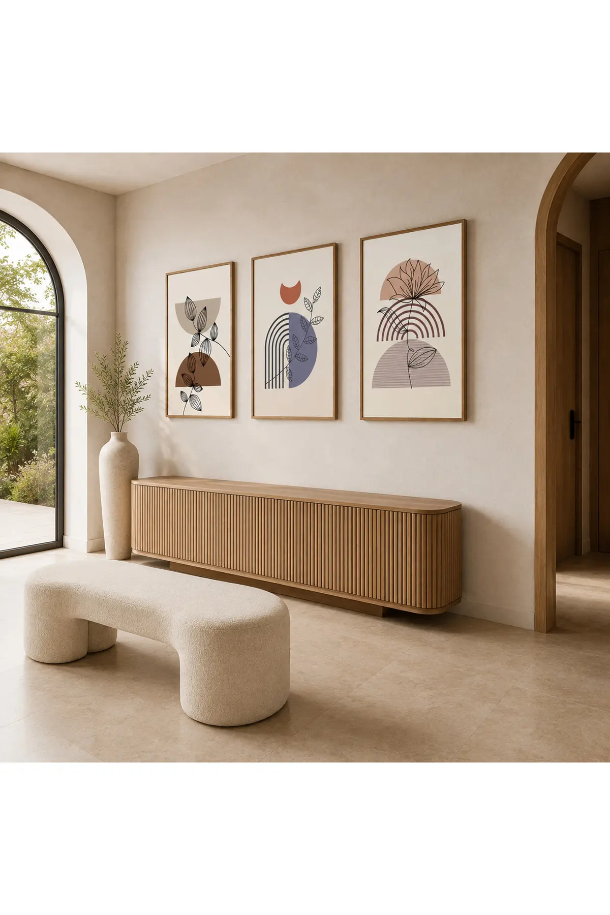 Soyut Botanik Yaprak ve Geometrik Çizgiler Temalı Modern 3'lü Set Dekoratif Duvar Tablosu - R0121 — görsel 2