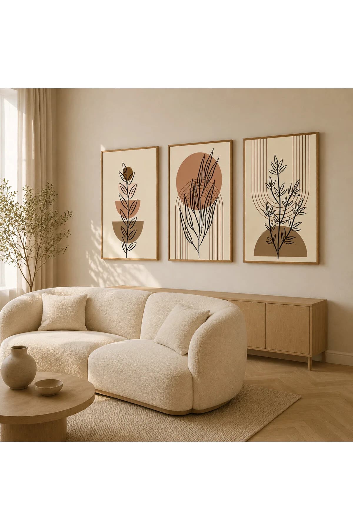Minimalist Botanik Yaprak ve Geometrik Formlar Temalı Modern 3'lü Set Dekoratif Duvar Tablosu - R0119 — görsel 2