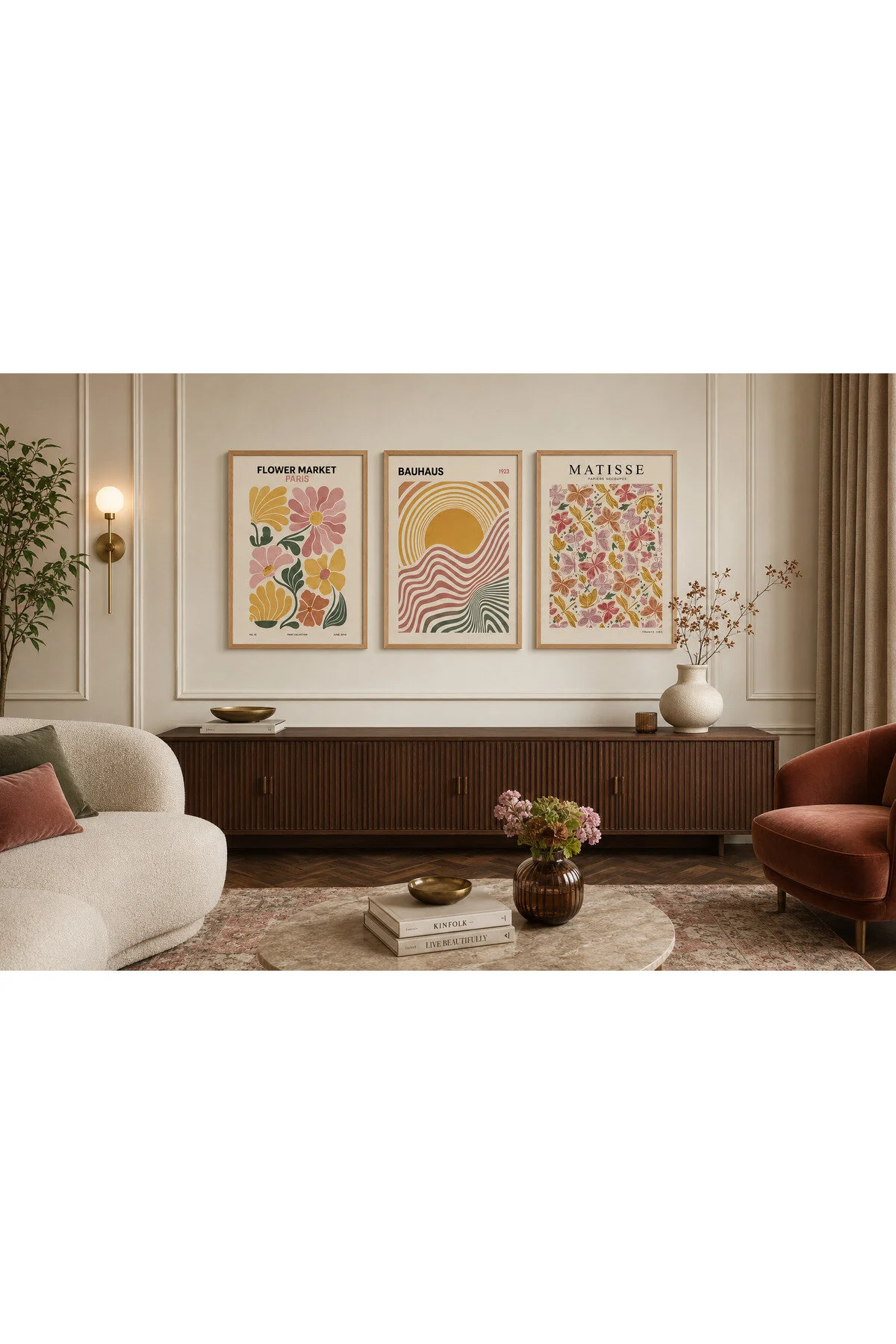 Retro Çiçekler, Bauhaus ve Matisse Temalı Modern 3'lü Set Dekoratif Duvar Tablosu - R0127