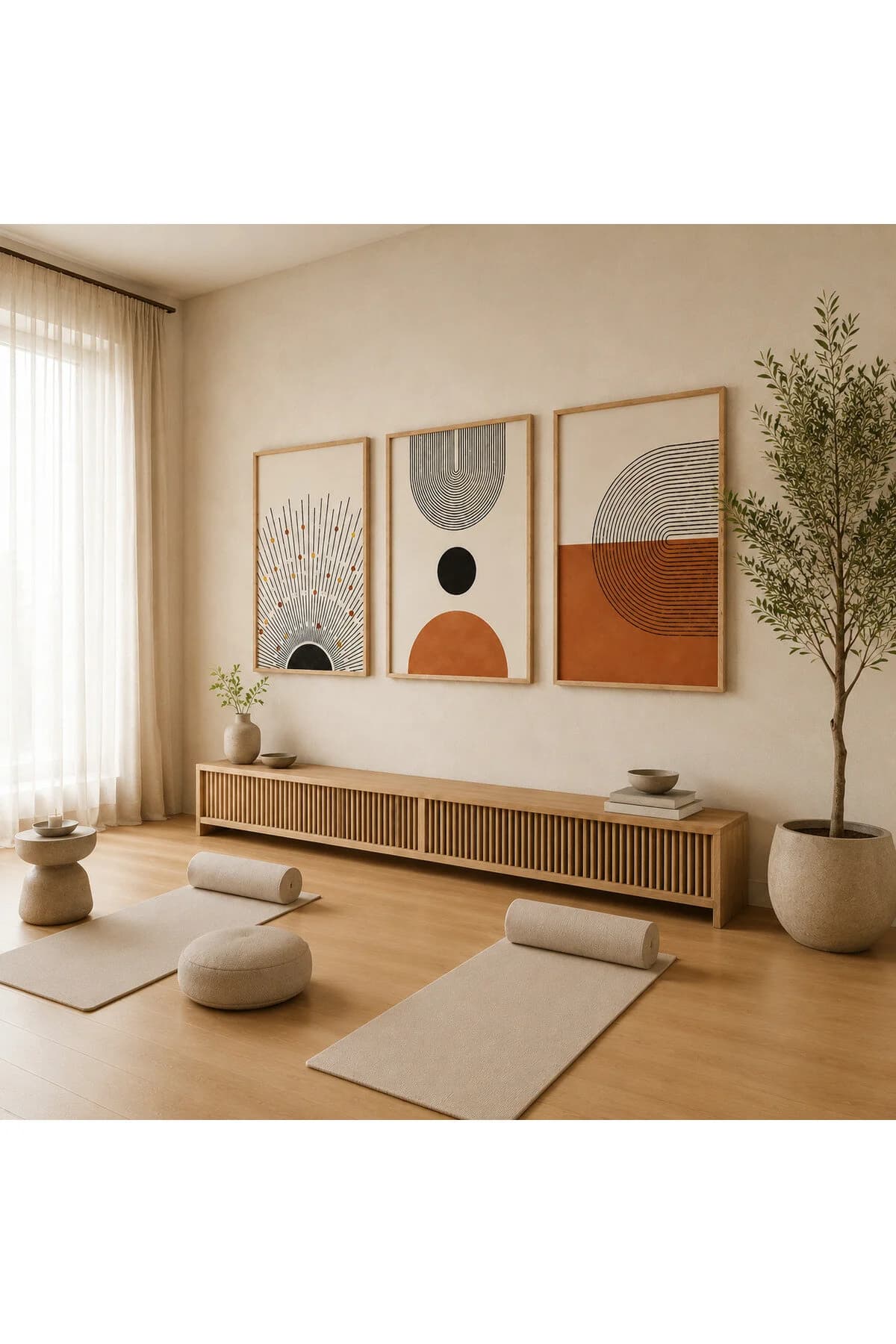 Minimalist Güneş ve Geometrik Çizgiler Temalı Modern 3'lü Set Dekoratif Duvar Tablosu - R0128 — görsel 2