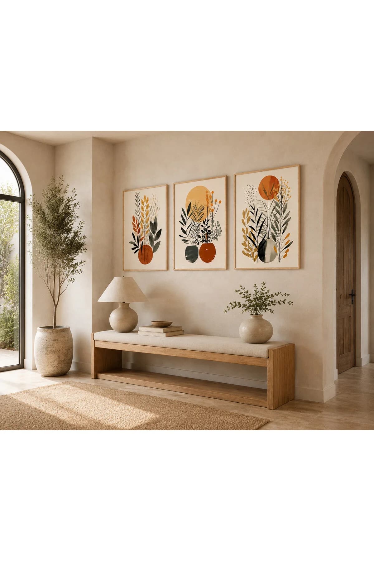 Sonbahar Tonlarında Botanik Yapraklar ve Çiçekler Temalı Modern 3'lü Set Dekoratif Duvar Tablosu - R0135 — görsel 2