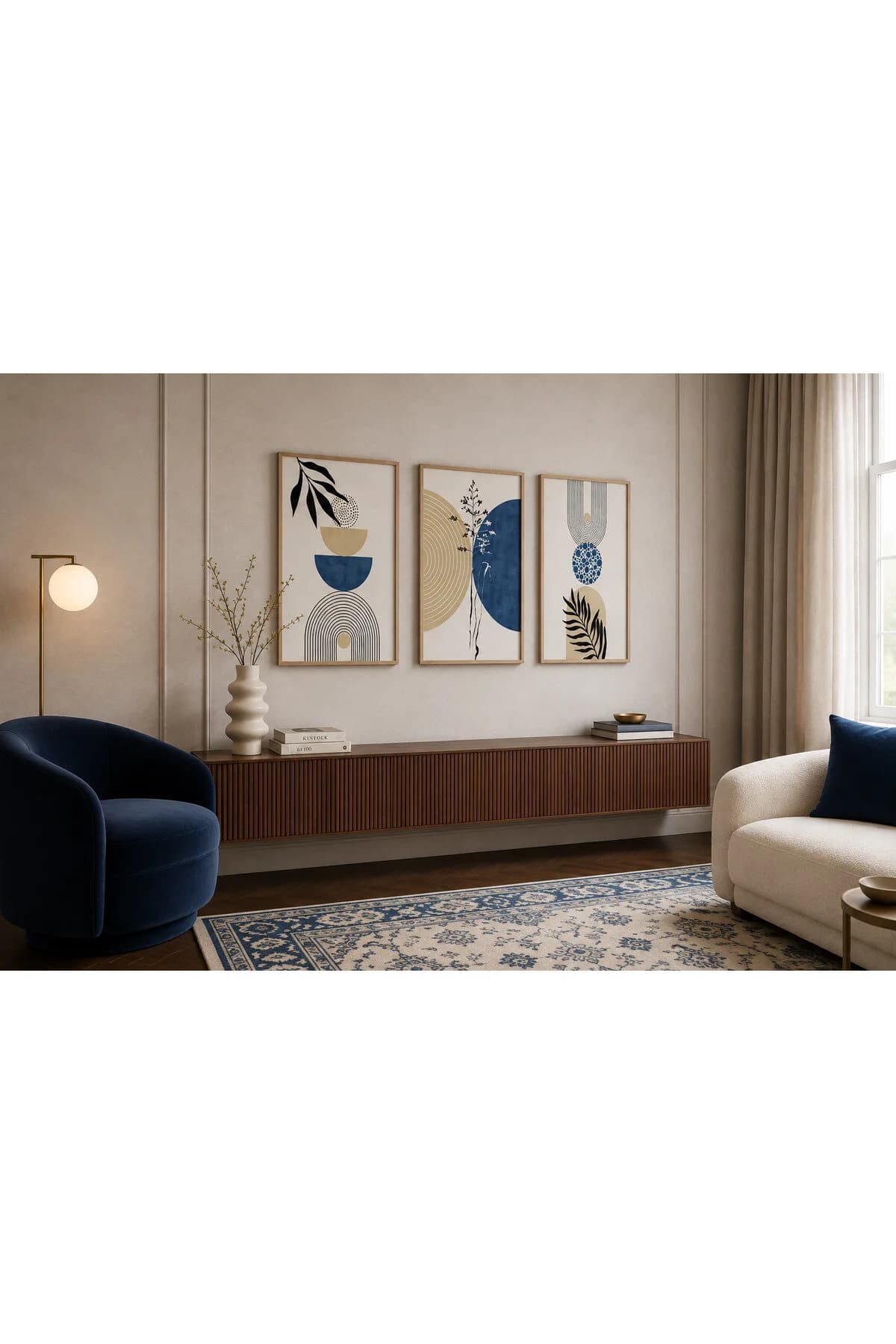 Lacivert Geometrik Formlar ve Botanik Yapraklar Temalı Modern 3'lü Set Dekoratif Duvar Tablosu - R0130 — görsel 2