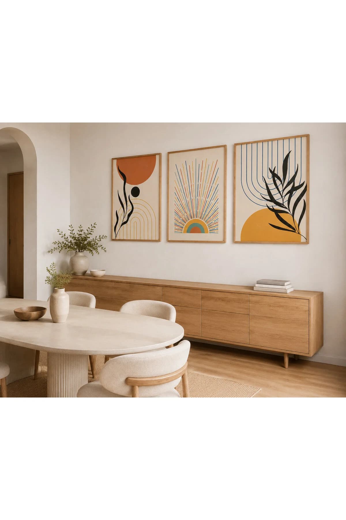 Renkli Güneş Işınları ve Botanik Yapraklar Temalı Modern 3'lü Set Dekoratif Duvar Tablosu - R0131 — görsel 2