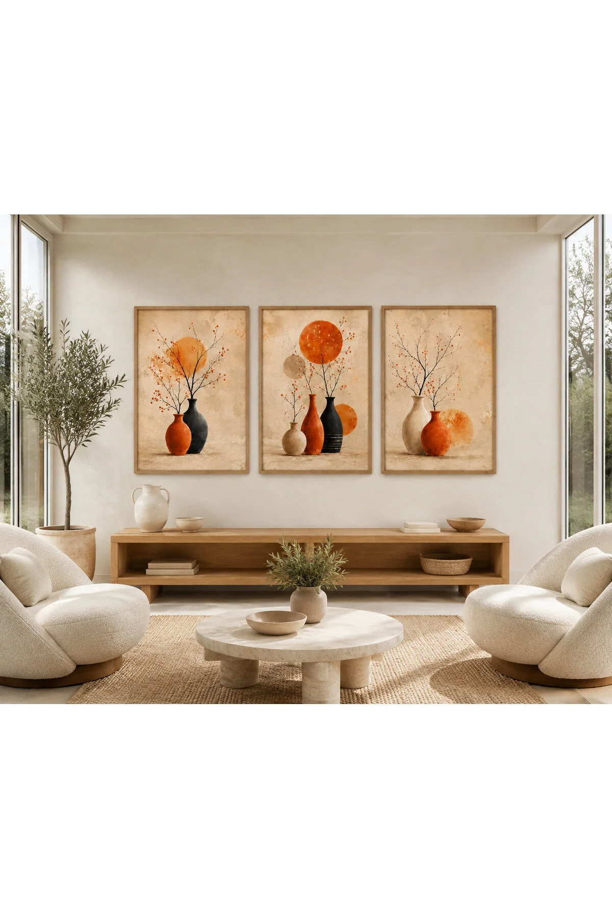 Turuncu Vazolar ve Zarif Çiçek Dalları Temalı Modern 3'lü Set Dekoratif Duvar Tablosu - R0140
