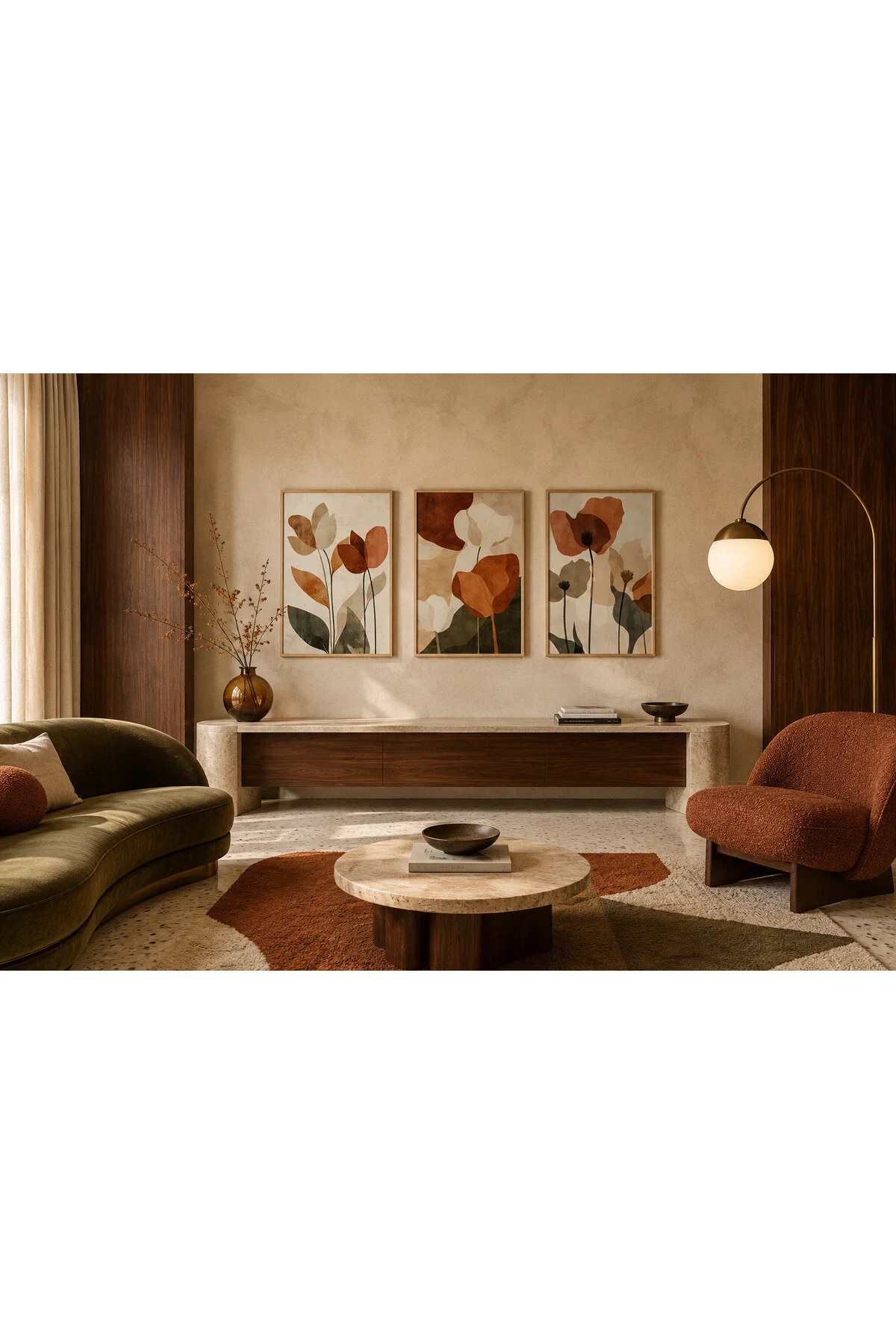 Toprak Tonlarında Soyut Çiçekler ve Botanik Yapraklar Temalı Modern 3'lü Set Dekoratif Duvar Tablosu - R0137
