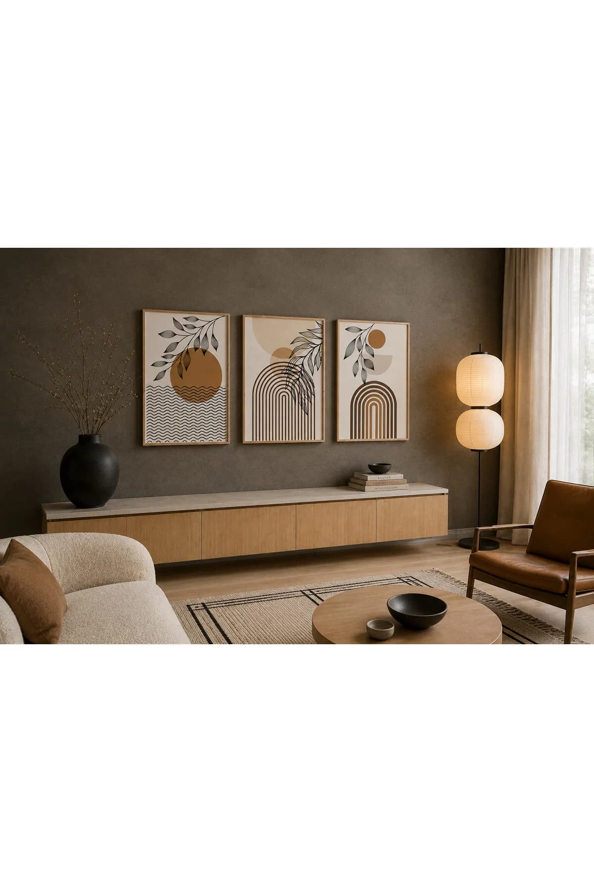 Toprak Tonlarında Botanik Yapraklar ve Geometrik Kemerler Temalı Modern 3'lü Set Dekoratif Duvar Tablosu - R0136 — görsel 2