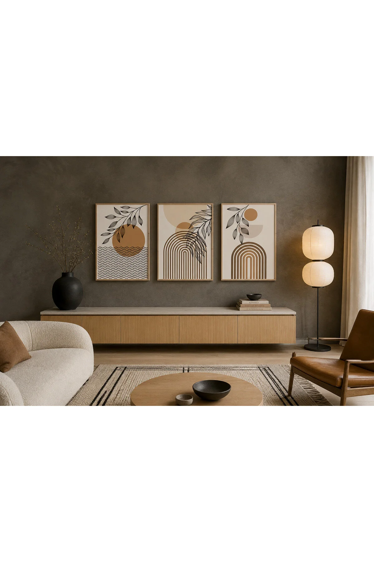 Toprak Tonlarında Botanik Yapraklar ve Geometrik Kemerler Temalı Modern 3'lü Set Dekoratif Duvar Tablosu - R0136