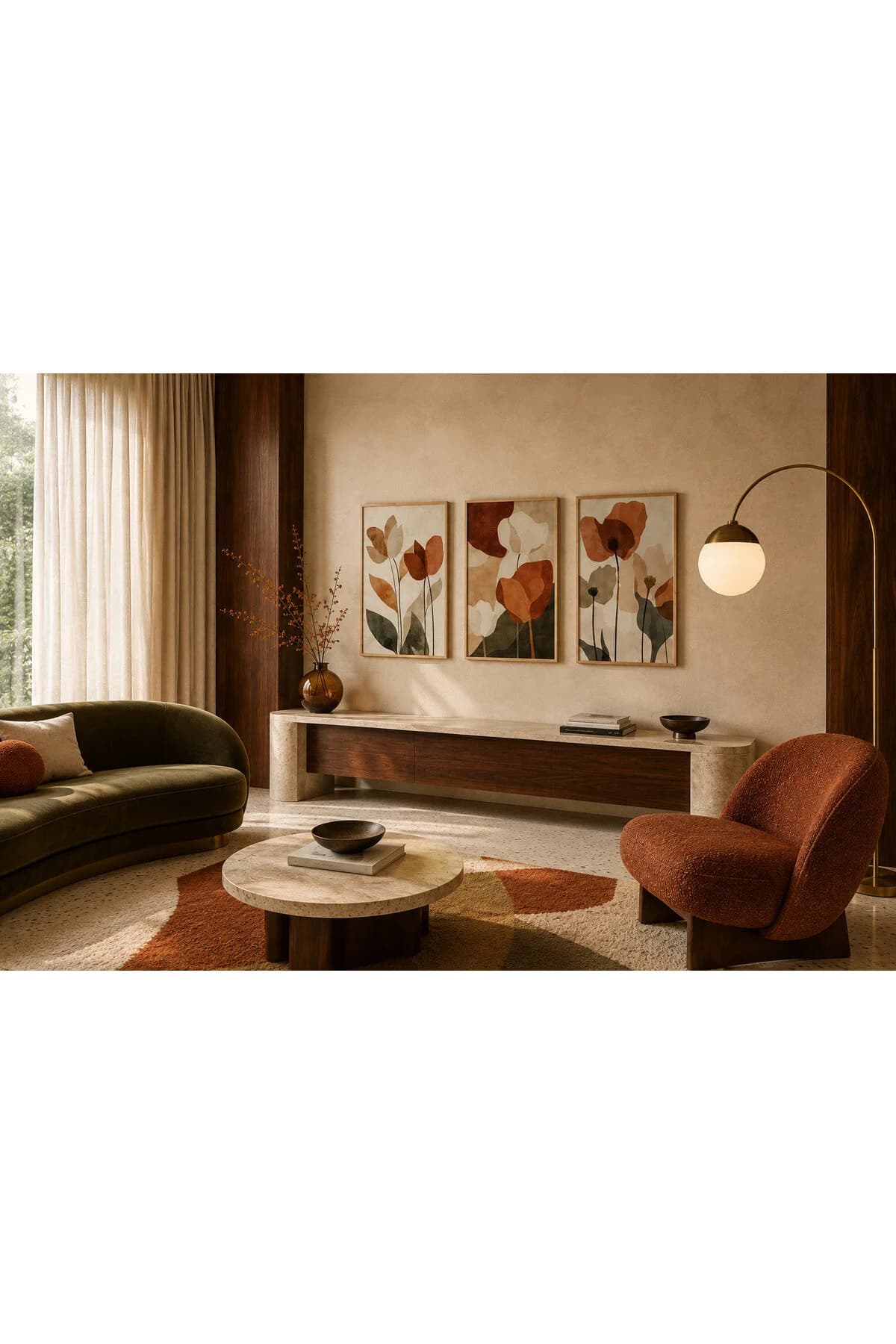 Toprak Tonlarında Soyut Çiçekler ve Botanik Yapraklar Temalı Modern 3'lü Set Dekoratif Duvar Tablosu - R0137 — görsel 2