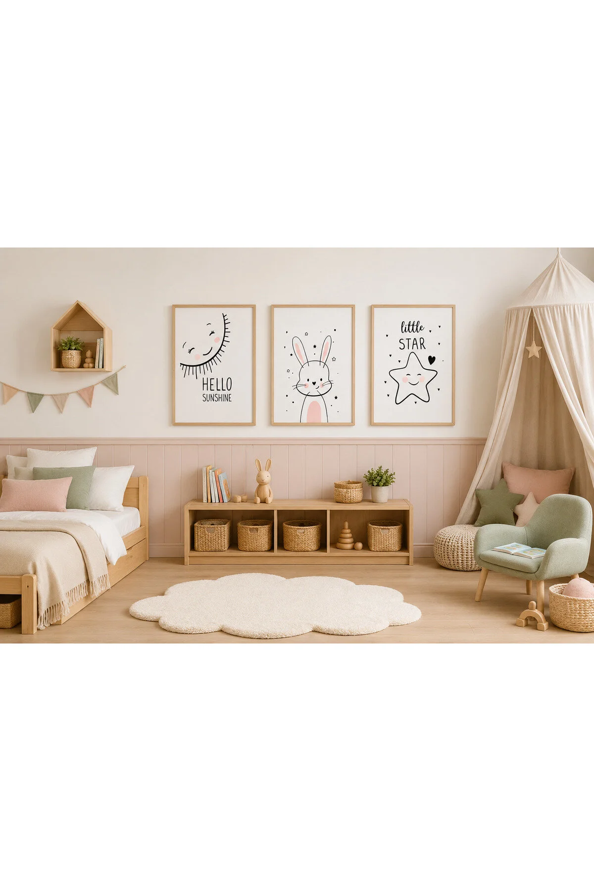 Sevimli Tavşan, Güneş ve Yıldız Temalı Çocuk Odası Modern 3'lü Set Dekoratif Duvar Tablosu - R0139