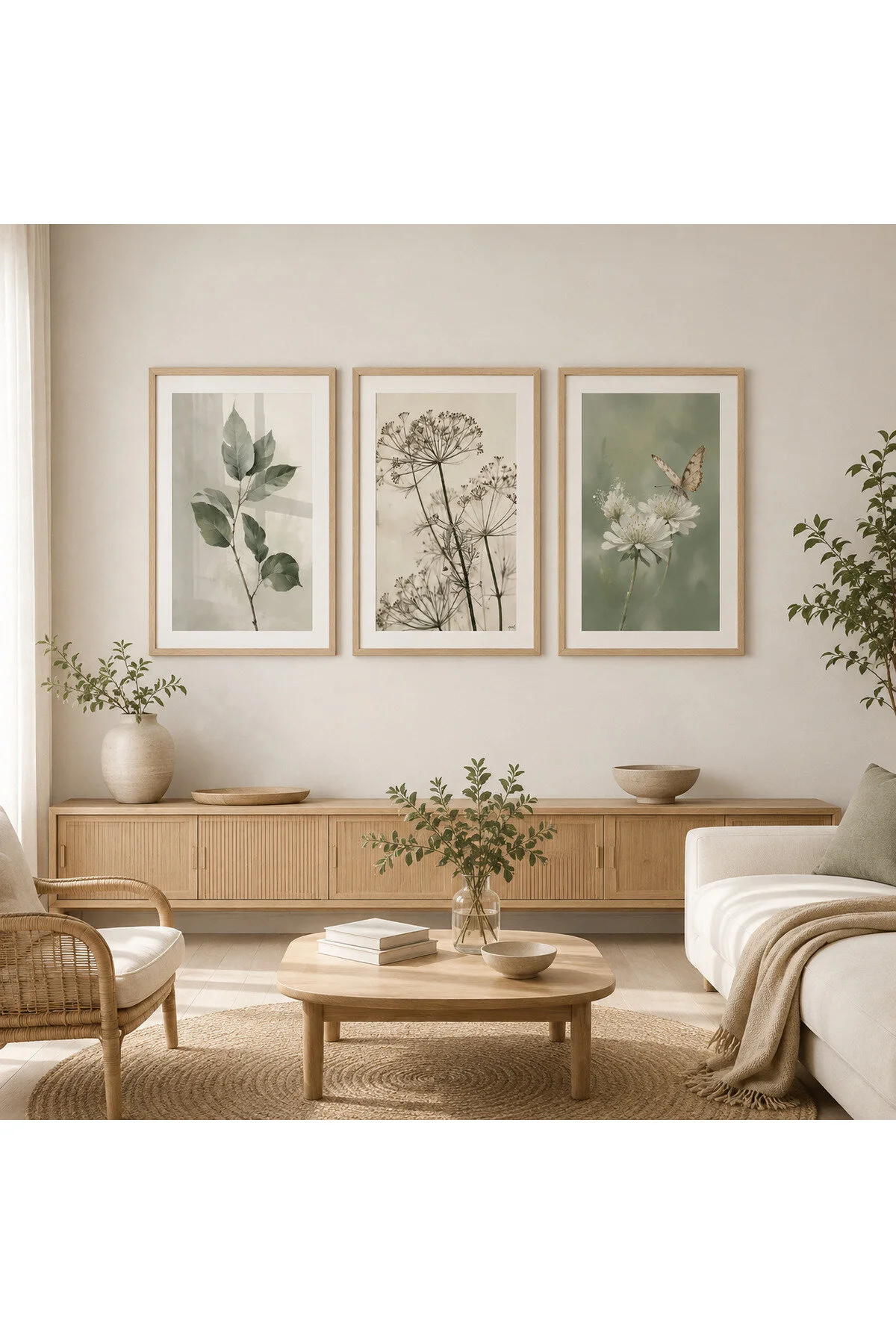 Zarif Botanik Yapraklar, Kır Çiçekleri ve Kelebek Temalı Modern 3'lü Set Dekoratif Duvar Tablosu - R0145