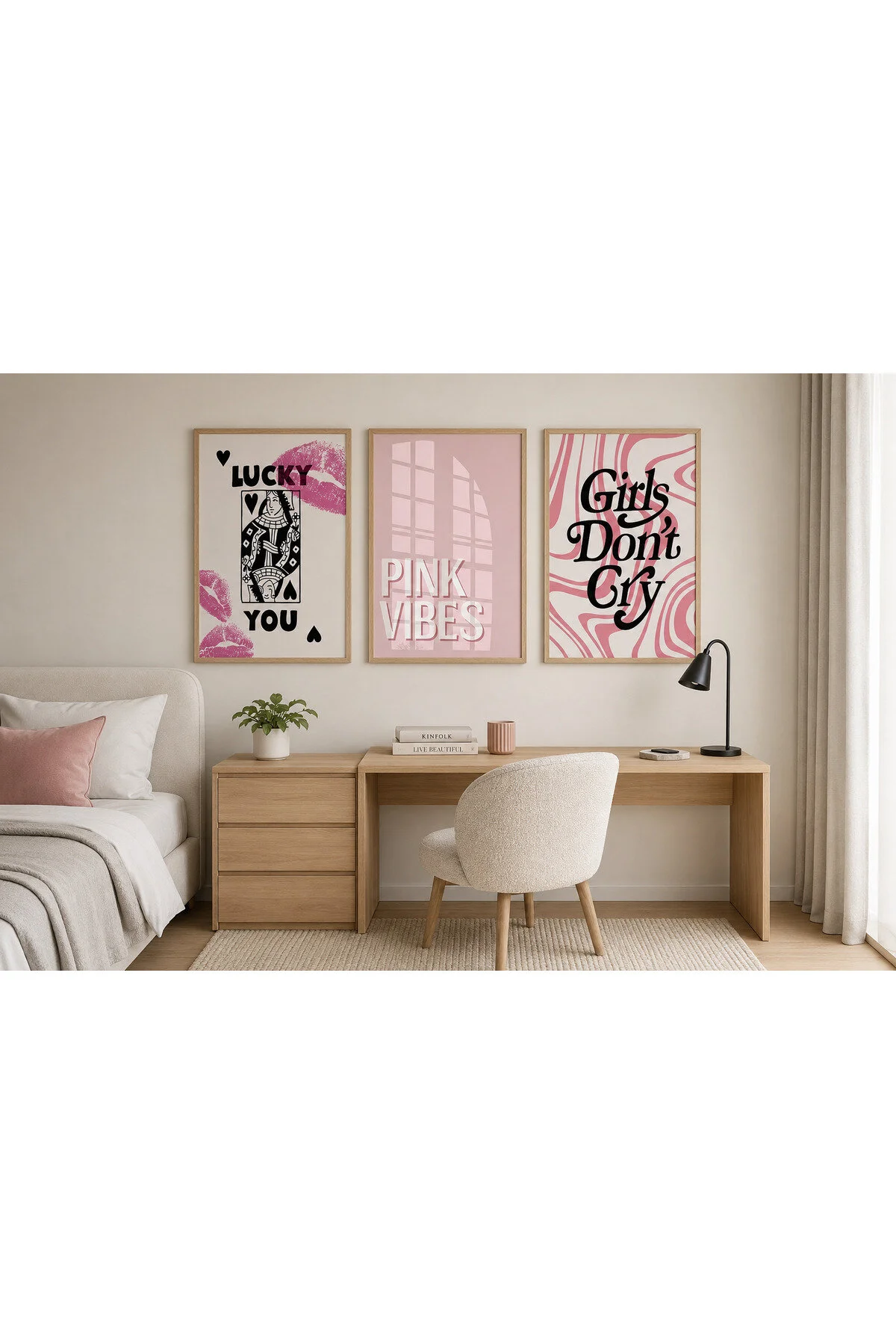 Pink Vibes Lucky You ve Girls Don’t Cry Temalı 3'lü Genç Odası Dekoratif Duvar Tablosu - R0149