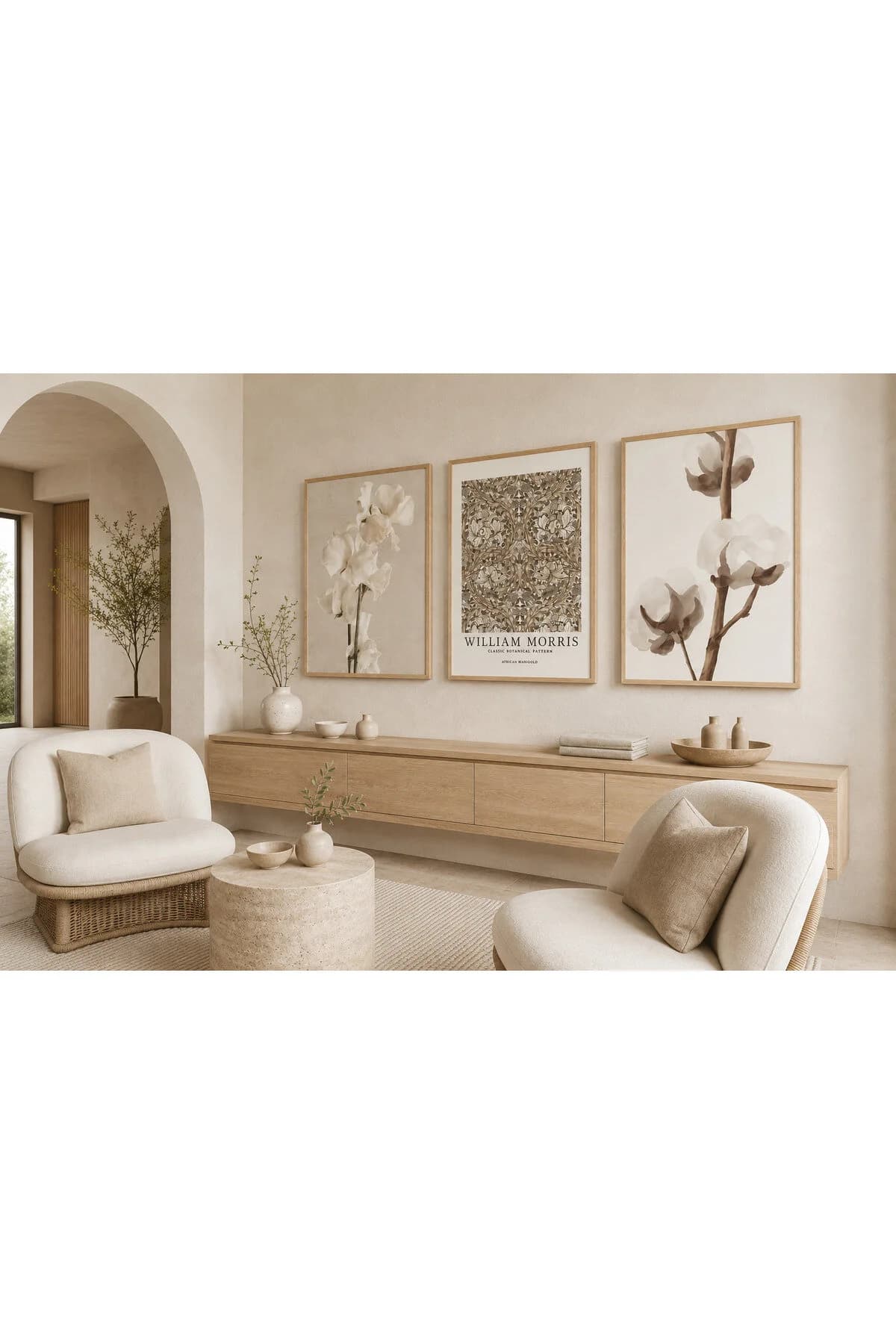 William Morris Desen ve Beyaz Çiçekler Temalı 3'lü Set Dekoratif Duvar Tablosu - R0150 — görsel 2