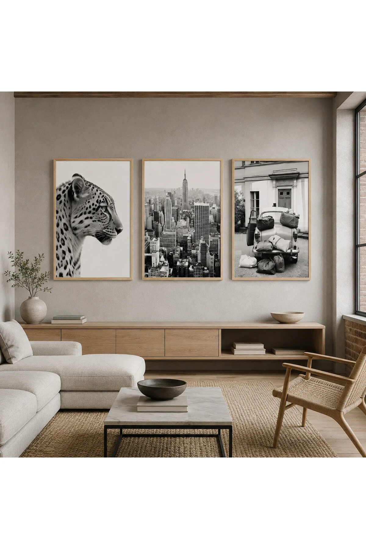 Siyah Beyaz Leopar, New York ve Klasik Otomobil 3'lü Duvar Tablosu - R0152