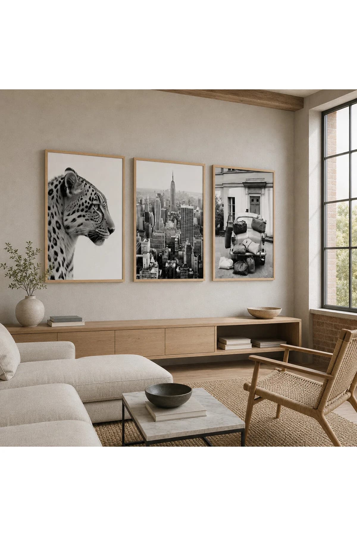 Siyah Beyaz Leopar, New York ve Klasik Otomobil 3'lü Duvar Tablosu - R0152 — görsel 2