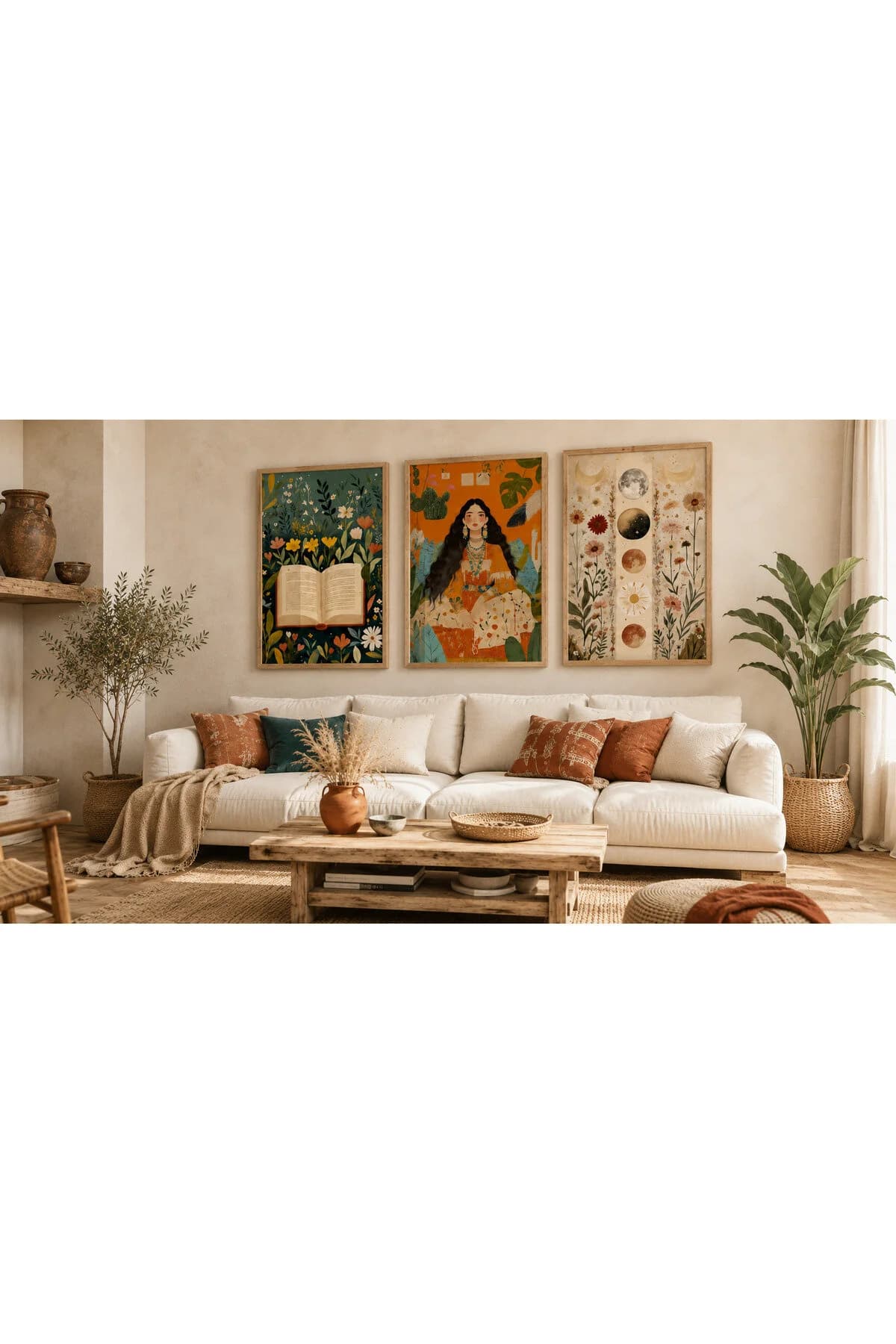 Bohem Kadın, Çiçekli Kitap ve Ay Evreleri Temalı Modern 3'lü Set Dekoratif Duvar Tablosu - R117 — görsel 2