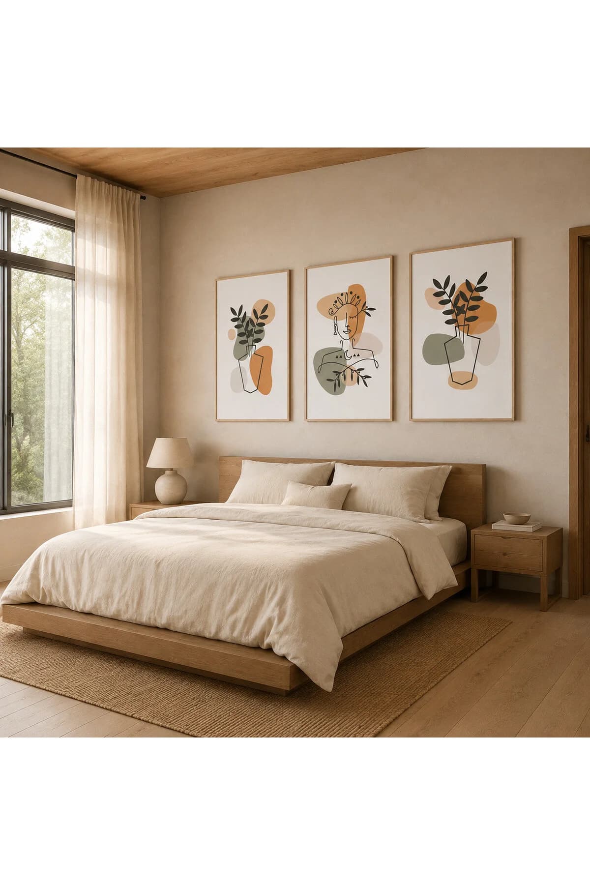 Minimalist Soyut Kadın ve Yaprak Temalı Modern 3'lü Set Dekoratif Duvar Tablosu - R0118 — görsel 2