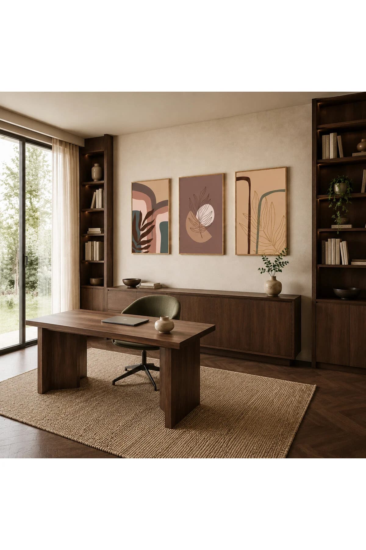 Modern Botanik Yaprak ve Soyut Geometrik Formlar Temalı 3'lü Set Dekoratif Duvar Tablosu - R0120 — görsel 2