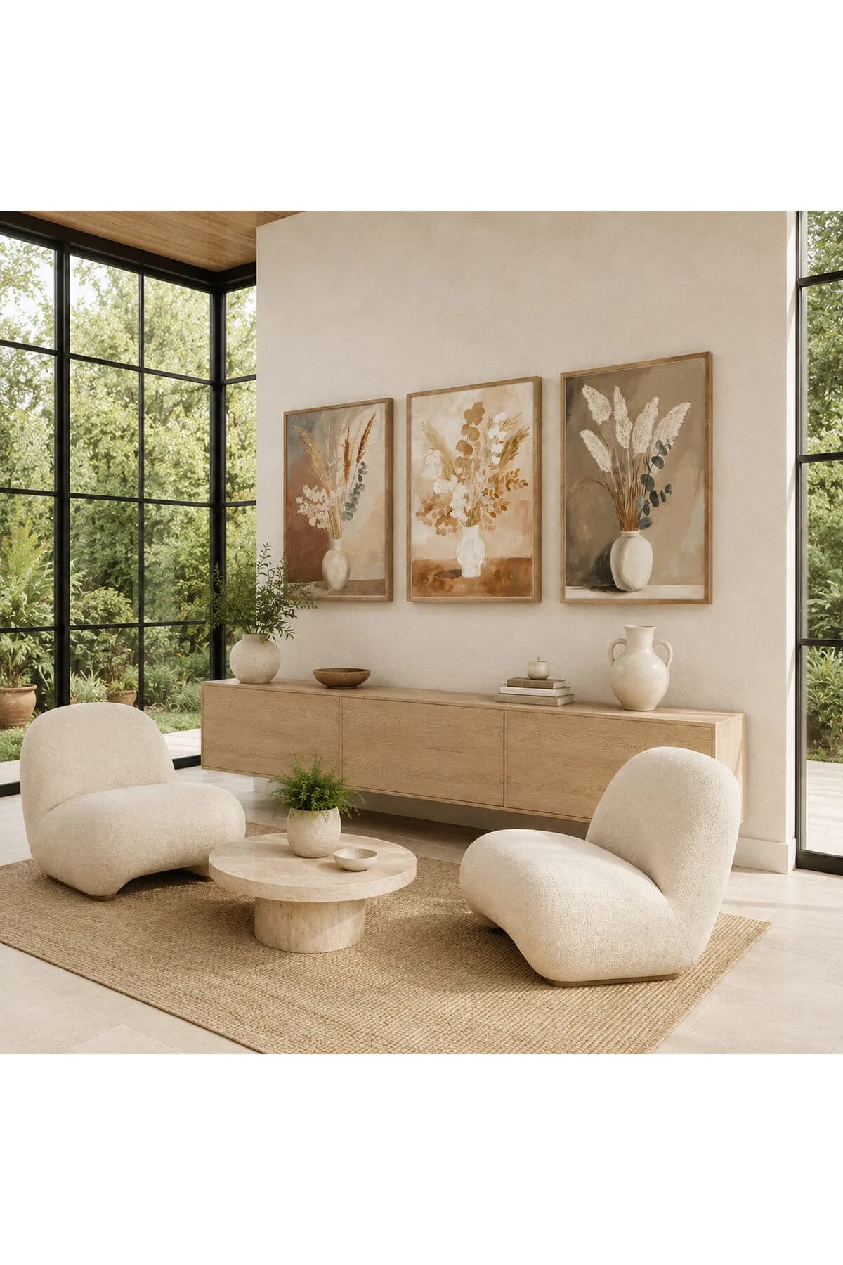 Zarif Kuru Çiçek ve Vazo Temalı Modern 3'lü Set Dekoratif Duvar Tablosu - R0122 — görsel 2