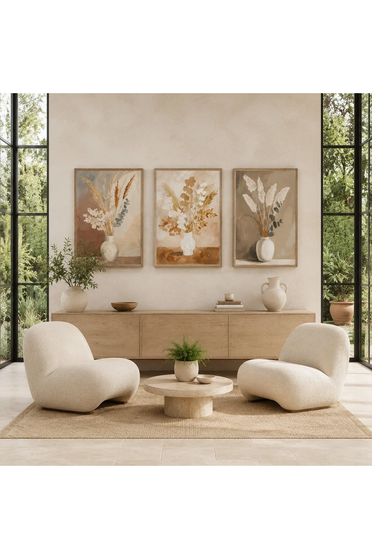 Zarif Kuru Çiçek ve Vazo Temalı Modern 3'lü Set Dekoratif Duvar Tablosu - R0122