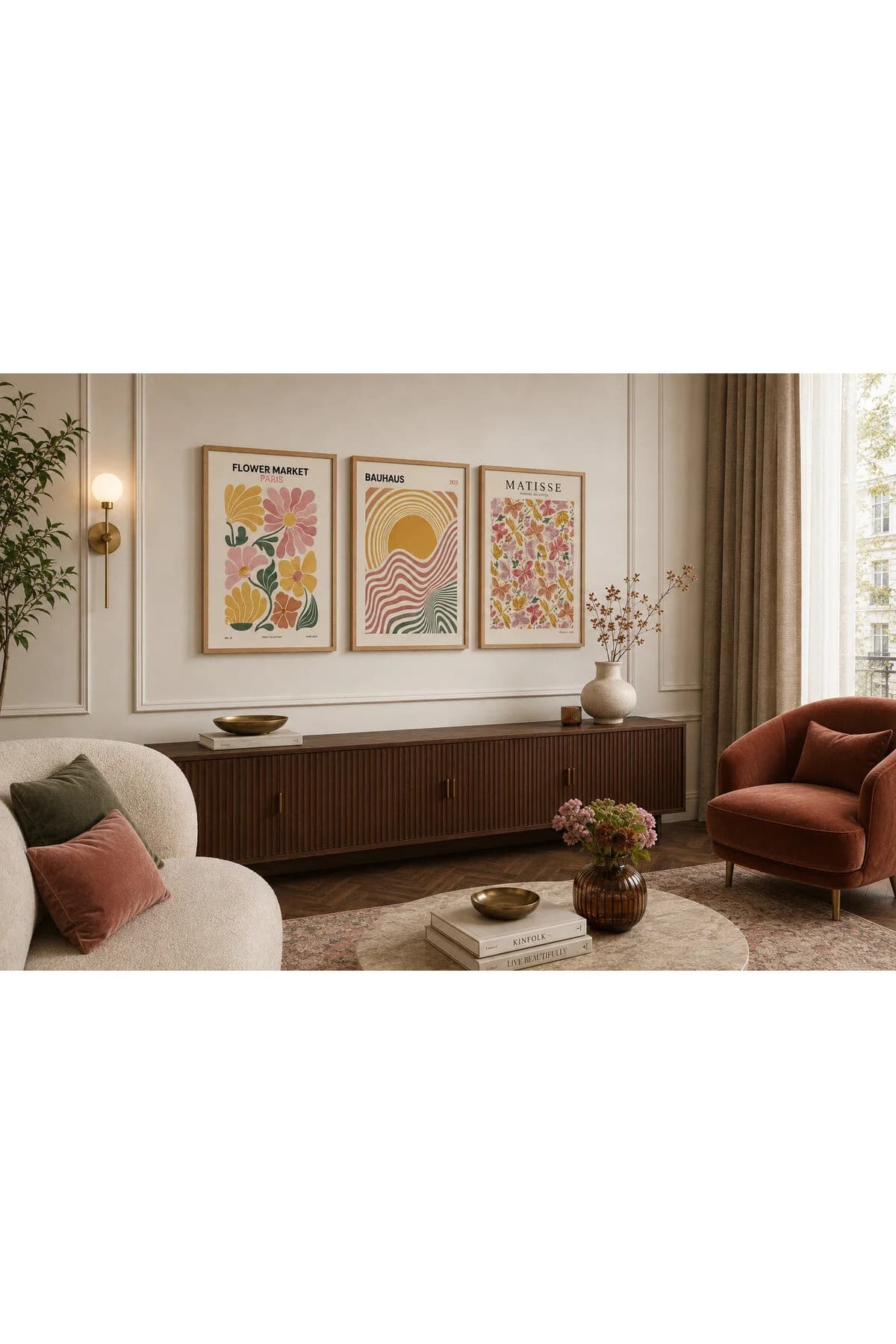 Retro Çiçekler, Bauhaus ve Matisse Temalı Modern 3'lü Set Dekoratif Duvar Tablosu - R0127 — görsel 2