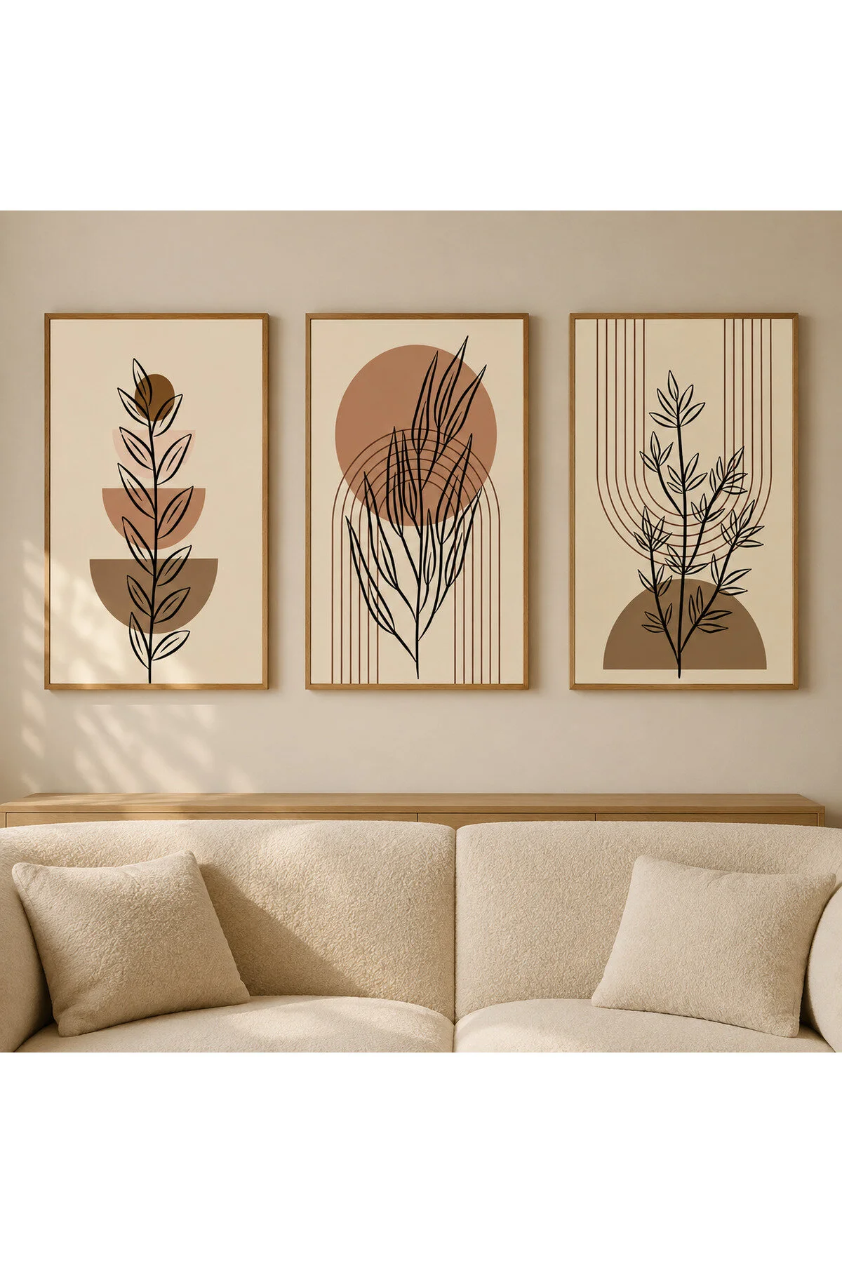 Minimalist Botanik Yaprak ve Geometrik Formlar Temalı Modern 3'lü Set Dekoratif Duvar Tablosu - R0119