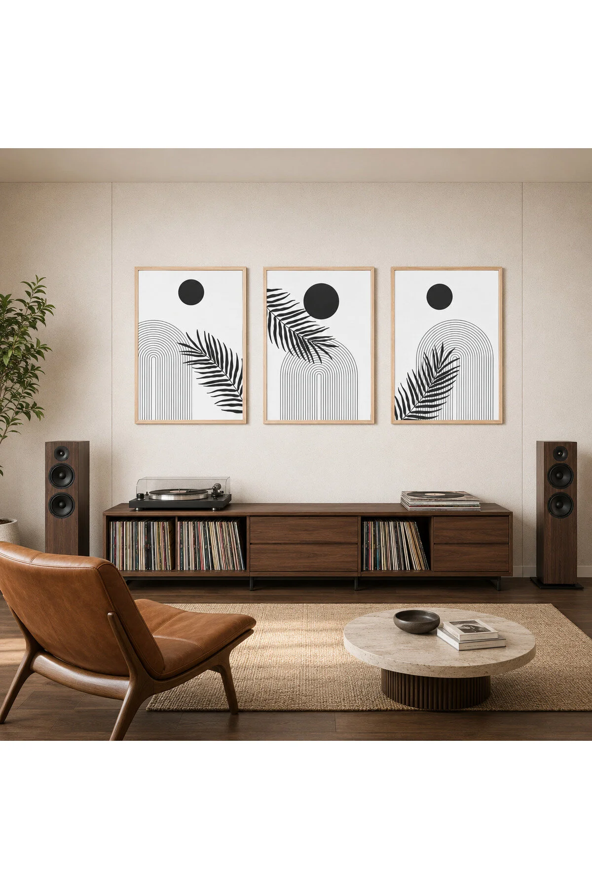 Siyah Beyaz Palmiye Yaprakları ve Geometrik Çizgiler Temalı Modern 3'lü Set Dekoratif Duvar Tablosu - R0125