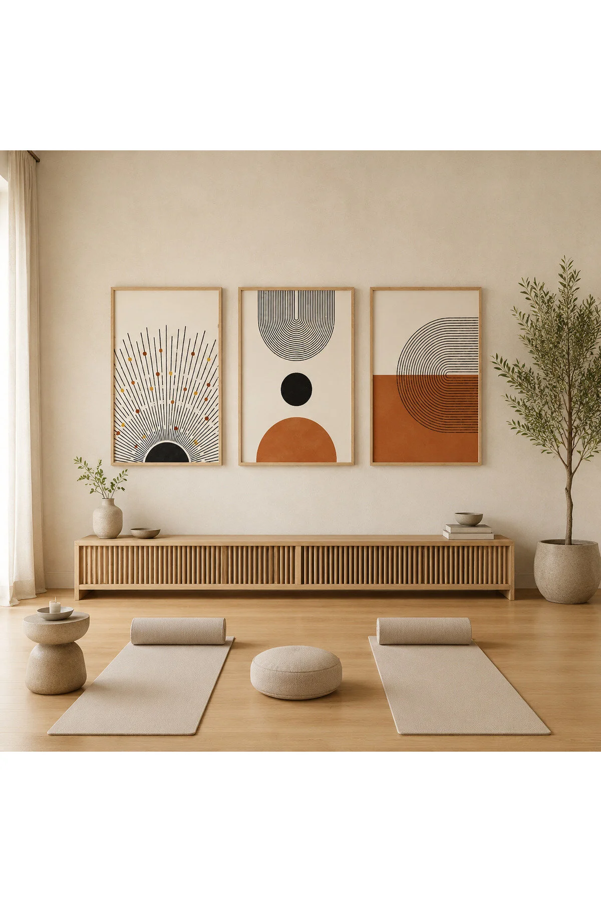 Minimalist Güneş ve Geometrik Çizgiler Temalı Modern 3'lü Set Dekoratif Duvar Tablosu - R0128