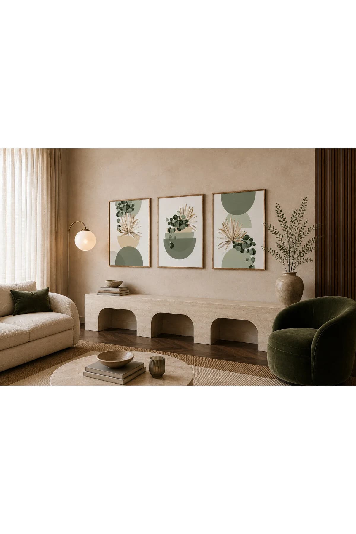 Yeşil Botanik Yapraklar ve Soyut Geometrik Formlar Temalı Modern 3'lü Set Dekoratif Duvar Tablosu - R0129 — görsel 2