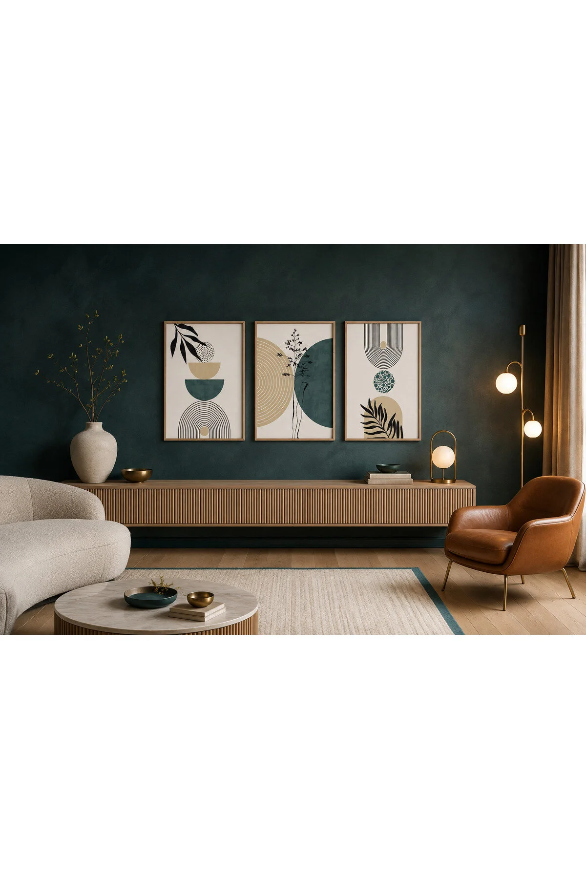 Koyu Yeşil Botanik Yapraklar ve Geometrik Formlar Temalı Modern 3'lü Set Dekoratif Duvar Tablosu - R0133