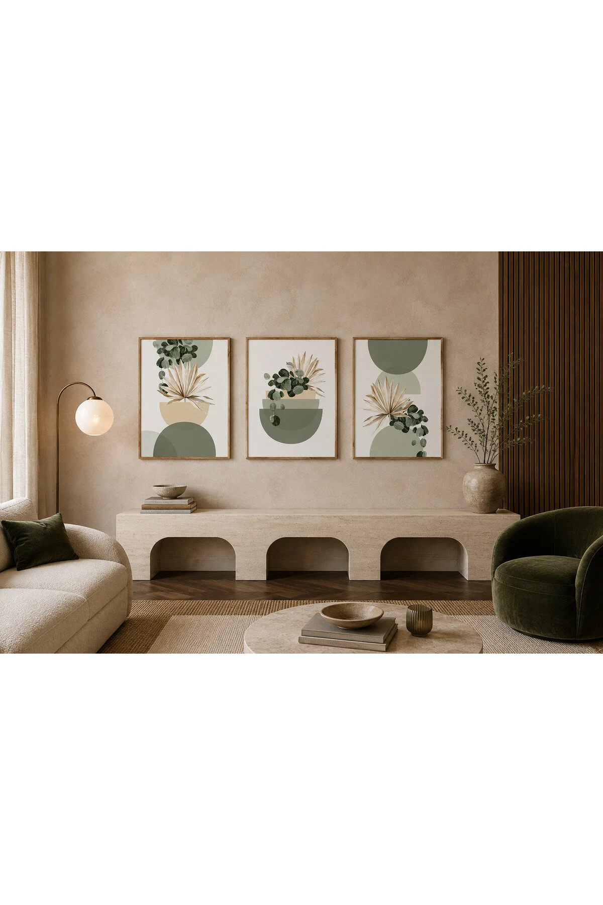 Yeşil Botanik Yapraklar ve Soyut Geometrik Formlar Temalı Modern 3'lü Set Dekoratif Duvar Tablosu - R0129
