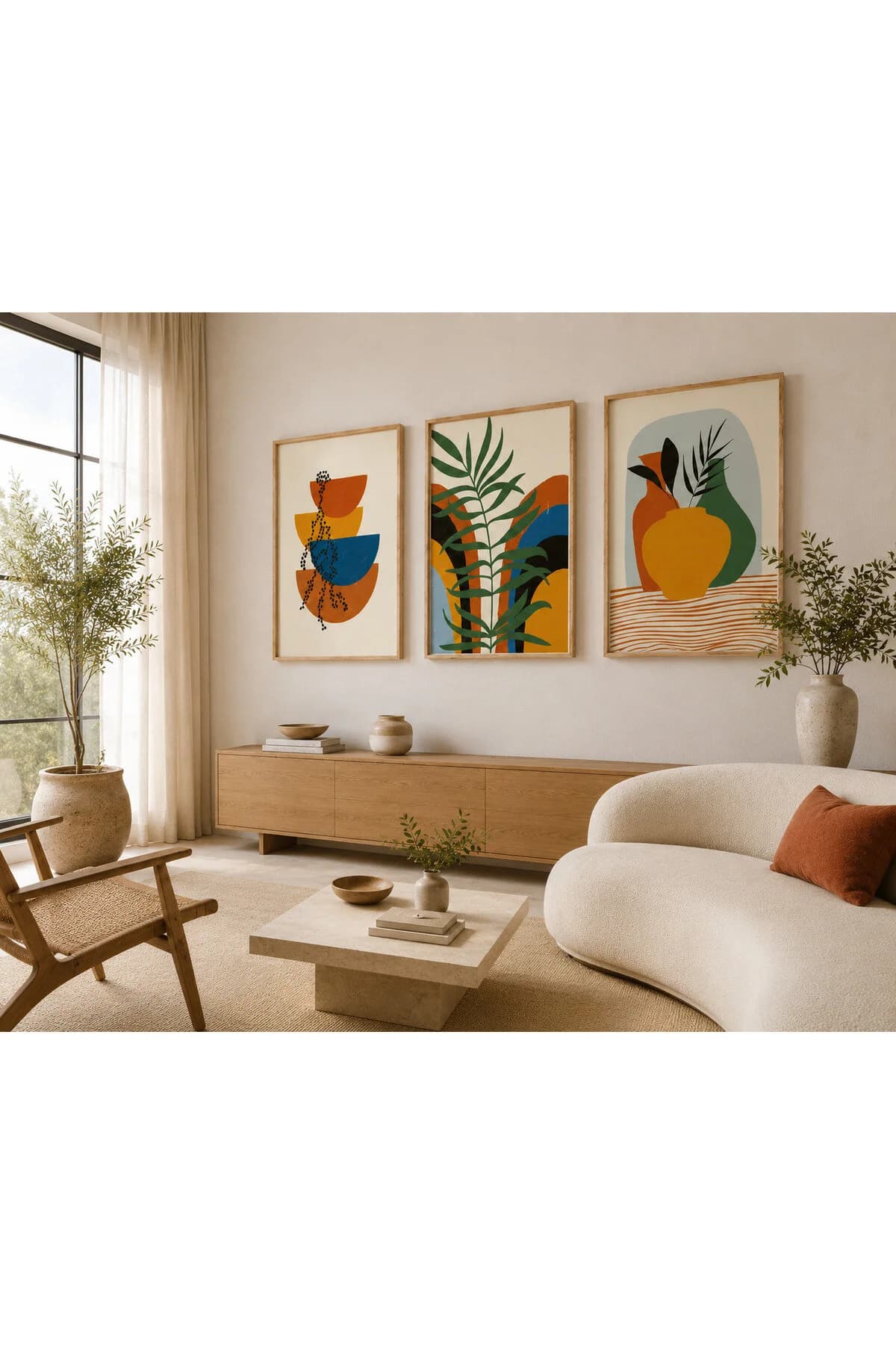 Renkli Soyut Saksılar ve Tropikal Yapraklar Temalı Modern 3'lü Set Dekoratif Duvar Tablosu - R0134 — görsel 2