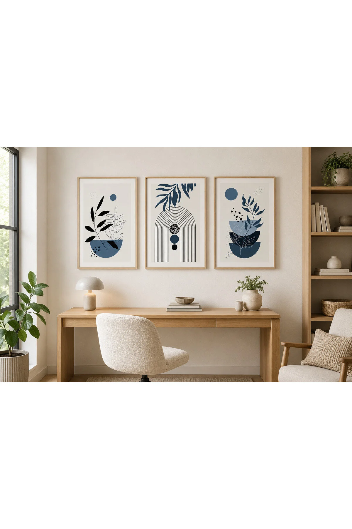 Lacivert Botanik Yapraklar ve Geometrik Kemer Formları Temalı Modern 3'lü Set Dekoratif Duvar Tablosu - R0132