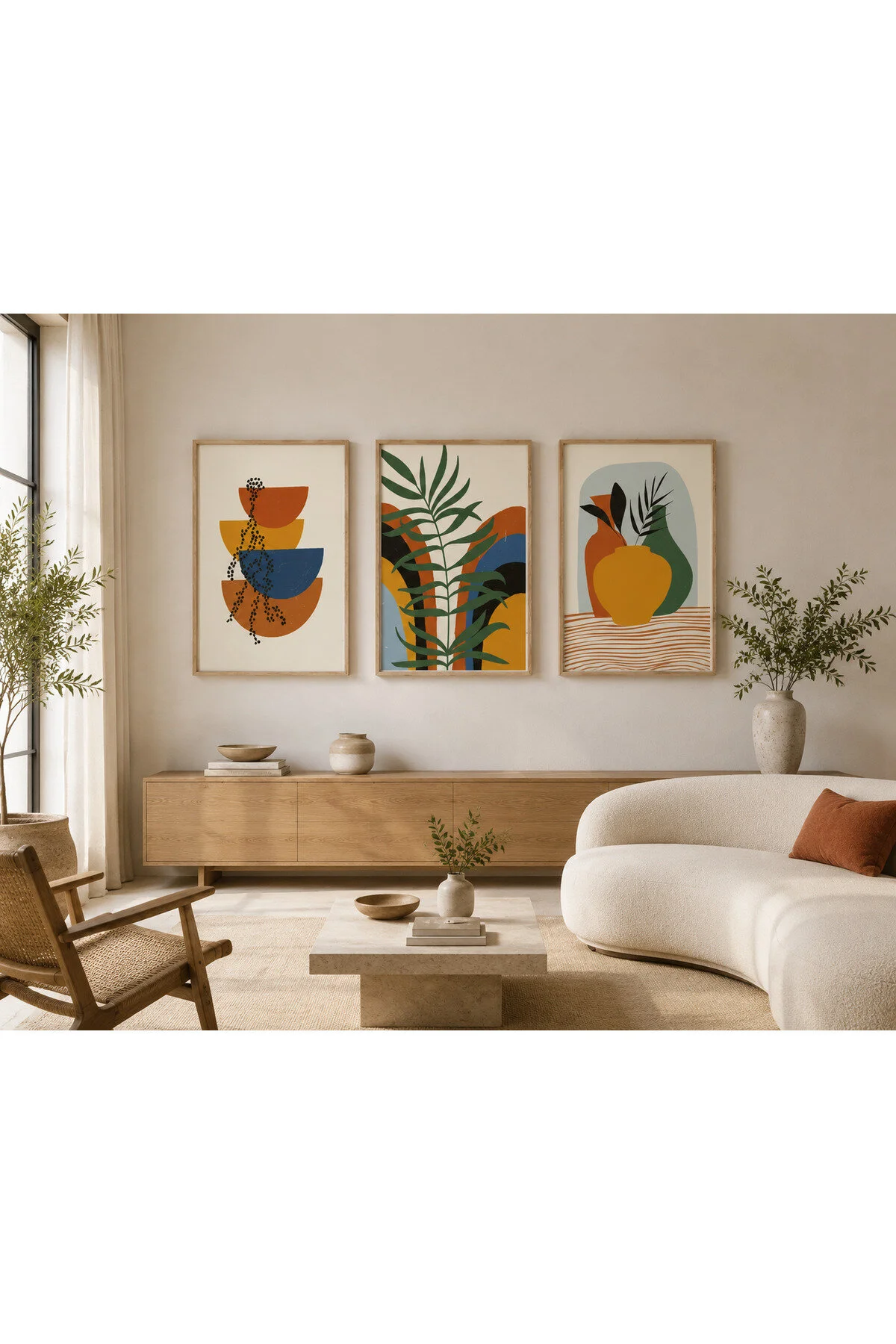 Renkli Soyut Saksılar ve Tropikal Yapraklar Temalı Modern 3'lü Set Dekoratif Duvar Tablosu - R0134