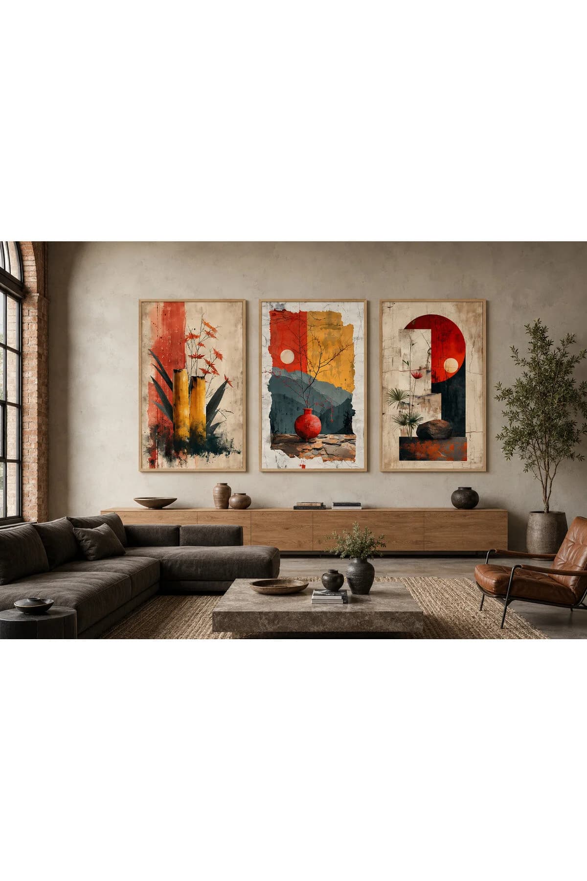 Canlı Turuncu Kırmızı Tonlarda Soyut Botanik ve Geometrik Formlar Temalı Modern 3'lü Set Dekoratif Duvar Tablosu - R0138 — görsel 2