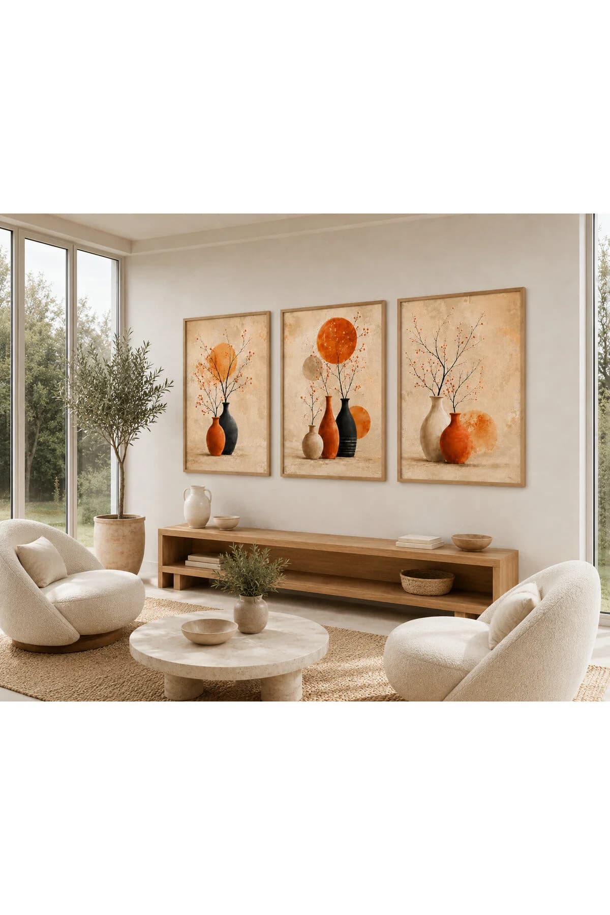 Turuncu Vazolar ve Zarif Çiçek Dalları Temalı Modern 3'lü Set Dekoratif Duvar Tablosu - R0140 — görsel 2