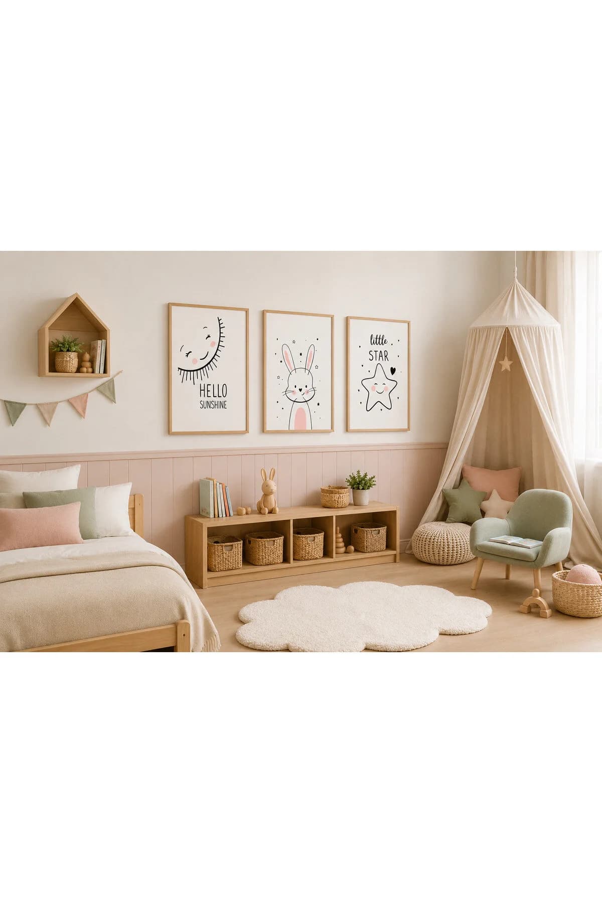 Sevimli Tavşan, Güneş ve Yıldız Temalı Çocuk Odası Modern 3'lü Set Dekoratif Duvar Tablosu - R0139 — görsel 2