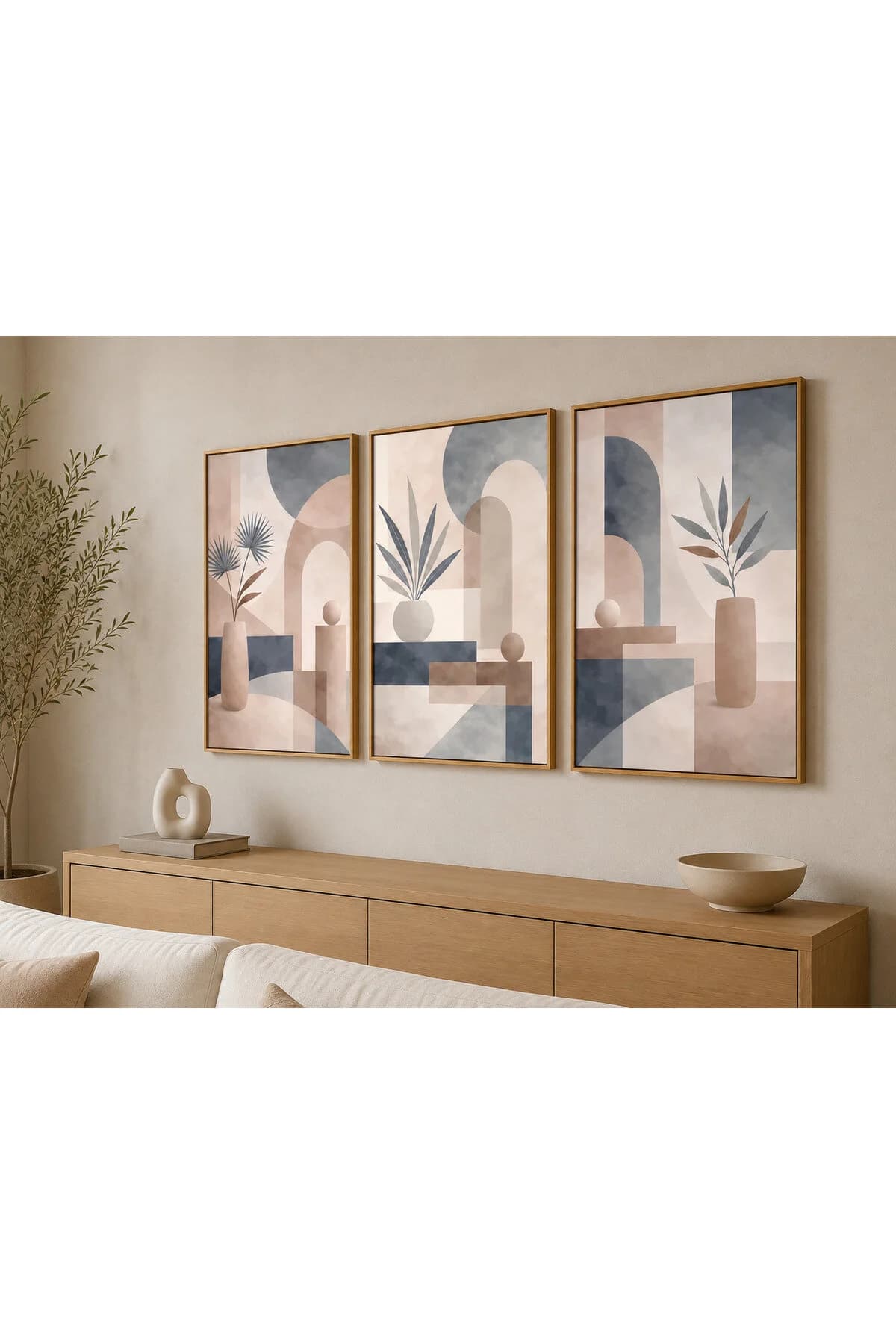 3’lü Modern Bohem Dekoratif Duvar Tablosu Seti Abstract Geometrik Bitki Desenli Çerçeveli Tablo - R0143 — görsel 2