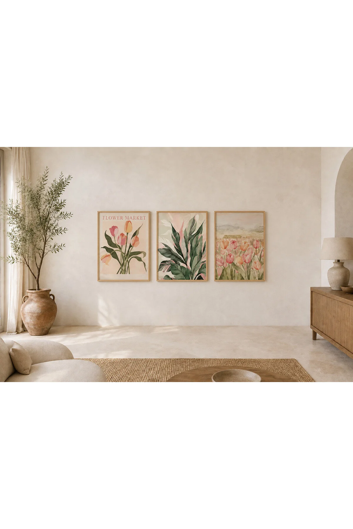 Renkli Lale Bahçesi ve Botanik Yapraklar Temalı Modern 3'lü Set Dekoratif Duvar Tablosu - R0123