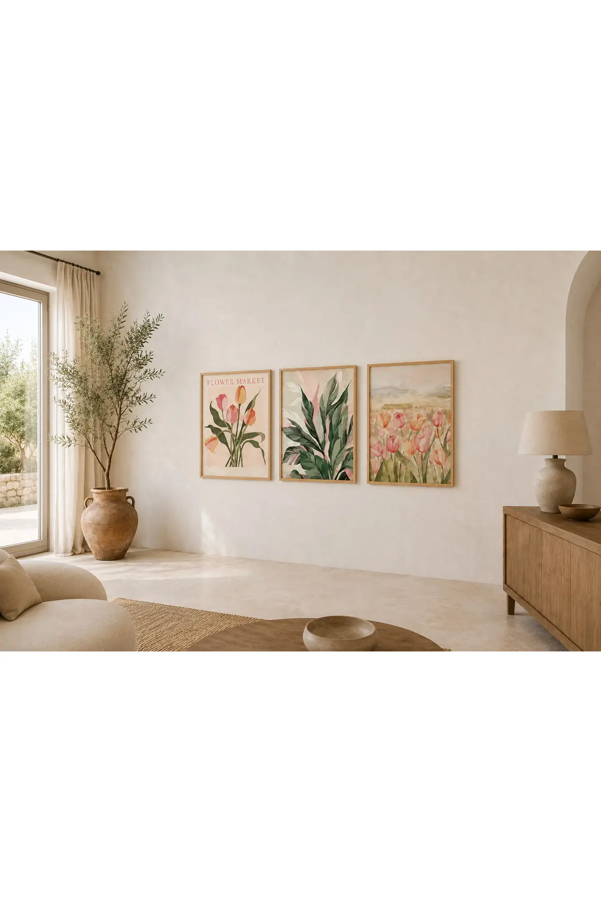 Renkli Lale Bahçesi ve Botanik Yapraklar Temalı Modern 3'lü Set Dekoratif Duvar Tablosu - R0123 — görsel 2