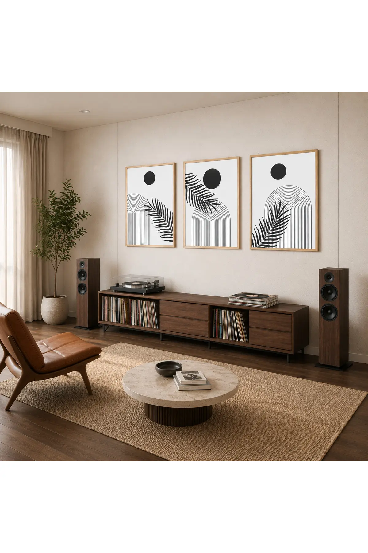 Siyah Beyaz Palmiye Yaprakları ve Geometrik Çizgiler Temalı Modern 3'lü Set Dekoratif Duvar Tablosu - R0125 — görsel 2