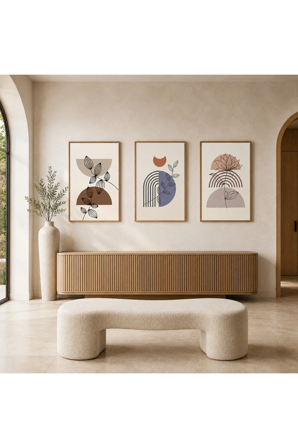 Soyut Botanik Yaprak ve Geometrik Çizgiler Temalı Modern 3'lü Set Dekoratif Duvar Tablosu - R0121